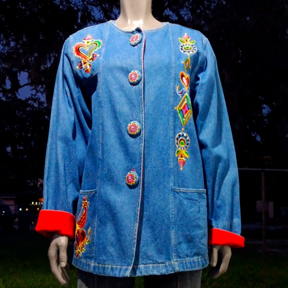 BOB MACKEY VINTAGE WEARABLE ART EMBROIDERED DENIM LUXURY BLAZER (HONG KONG)